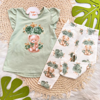 Conj. Blusa Ursinha com Flores Verde e Legging - Off White e Verde